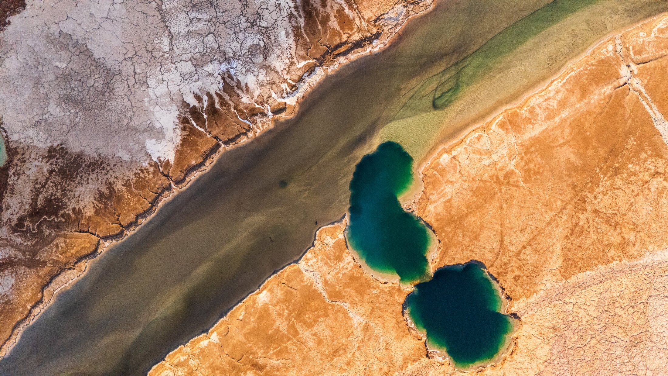 Two teal sinkholes in salt flats, fine art print