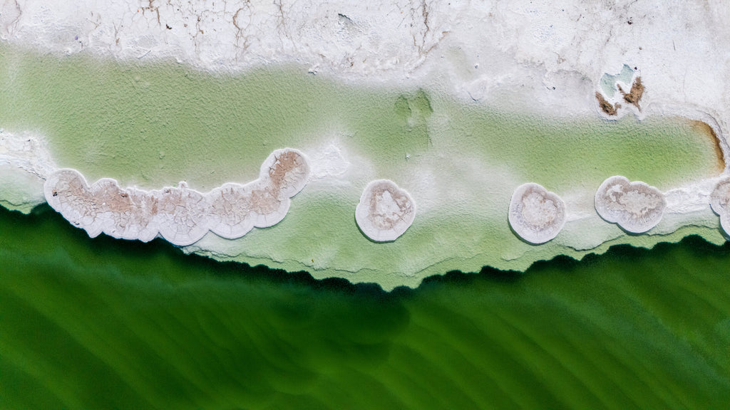 Marbled mineral sediment in shallow water, fine art print