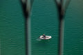 Fisherman drifting between pier pylons, fine art print