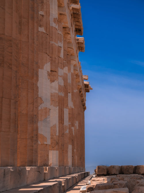 Fluted marble column against open sky, fine art print