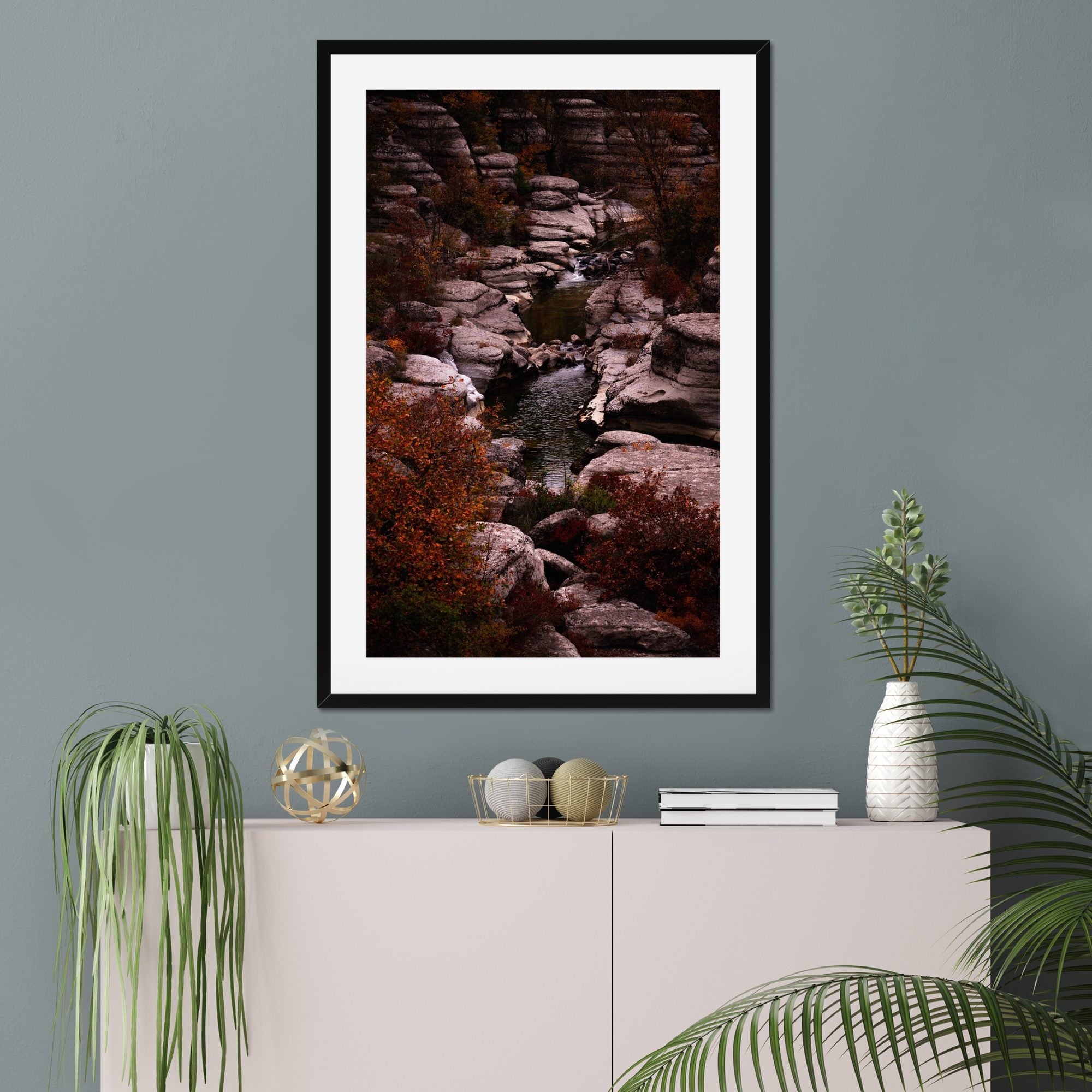 Autumn Ravine fine art print displayed in a living room