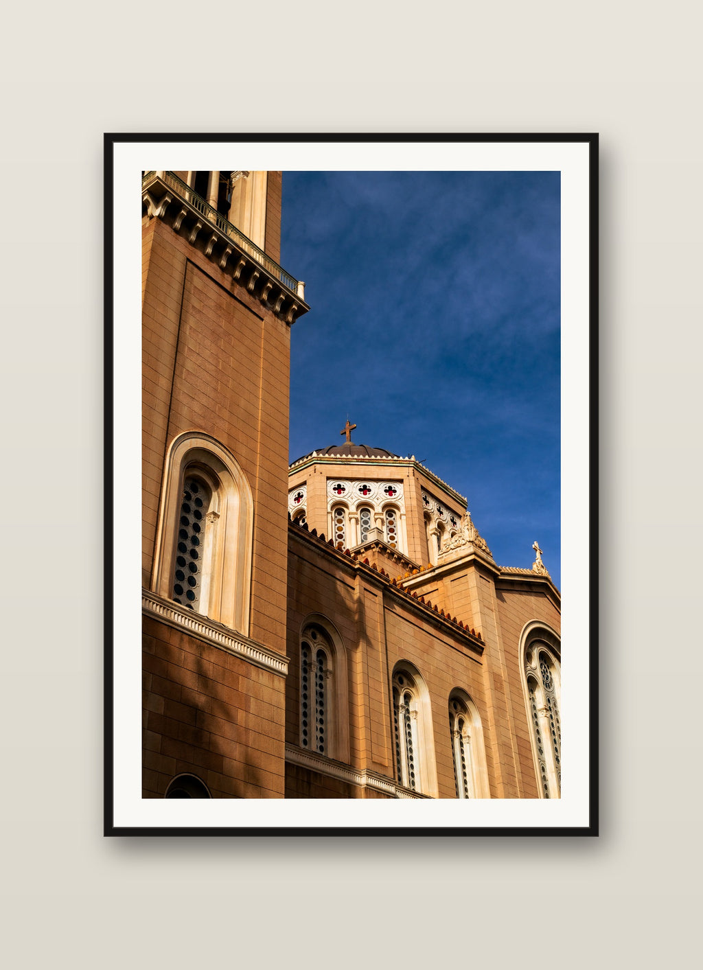 Cathedral Under Blue Sky fine art print mockup on a wall