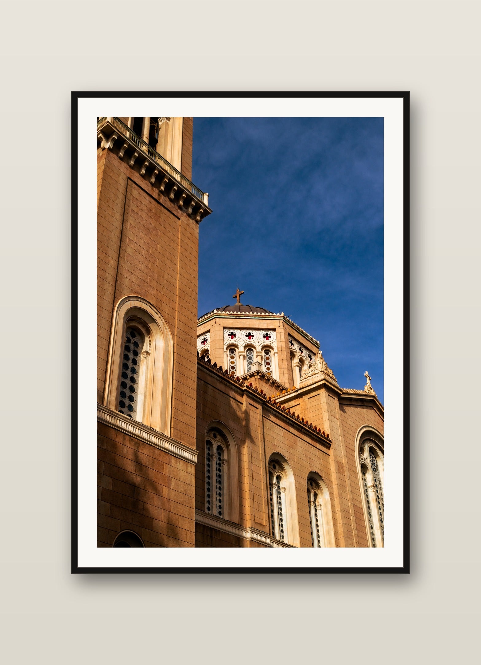 Cathedral Under Blue Sky fine art print mockup on a wall
