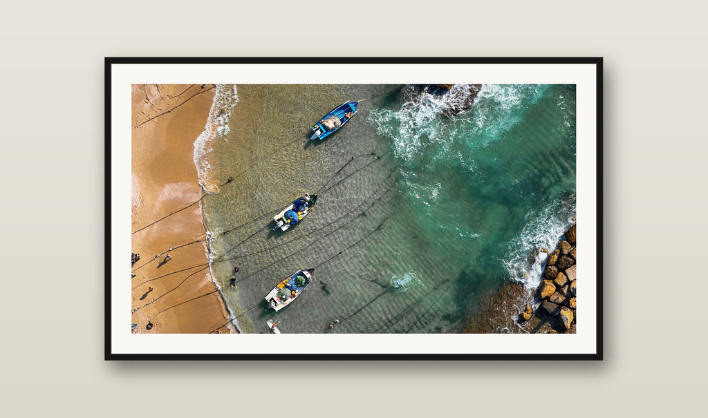 Boats at Shore fine art print mockup on a wall