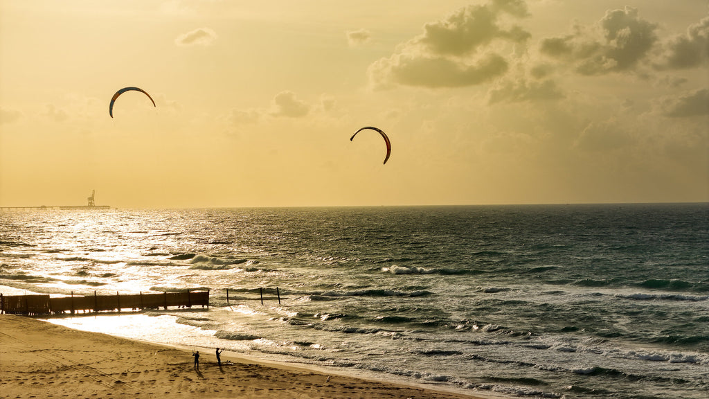 Kite surfers along a hazy coastline, fine art print