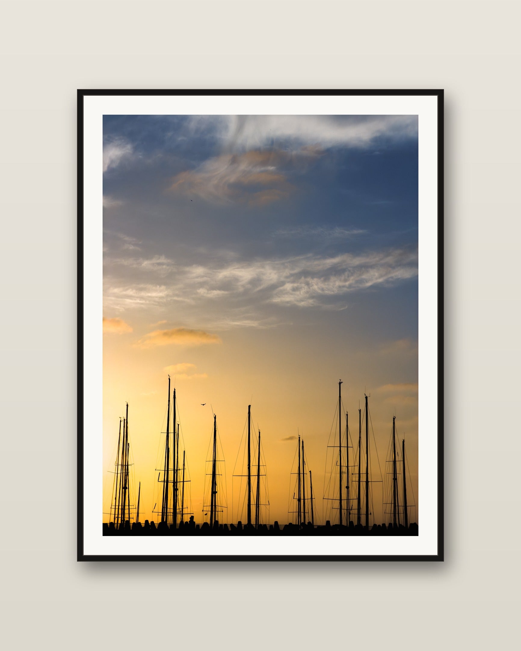Harbor at Dusk fine art print mockup on a wall