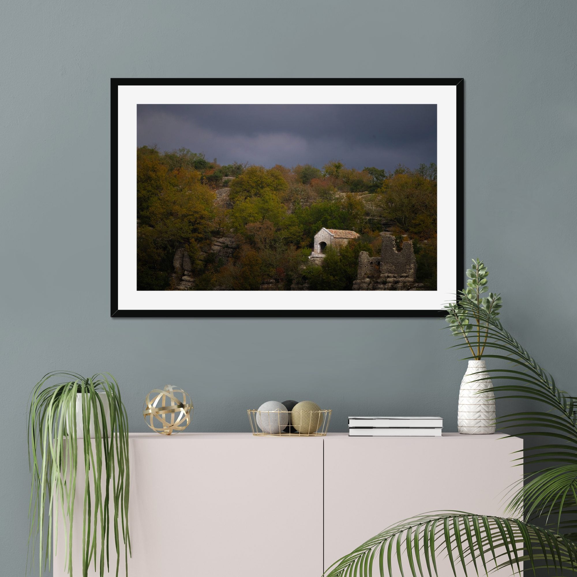 Hidden Chapel fine art print displayed in a living room