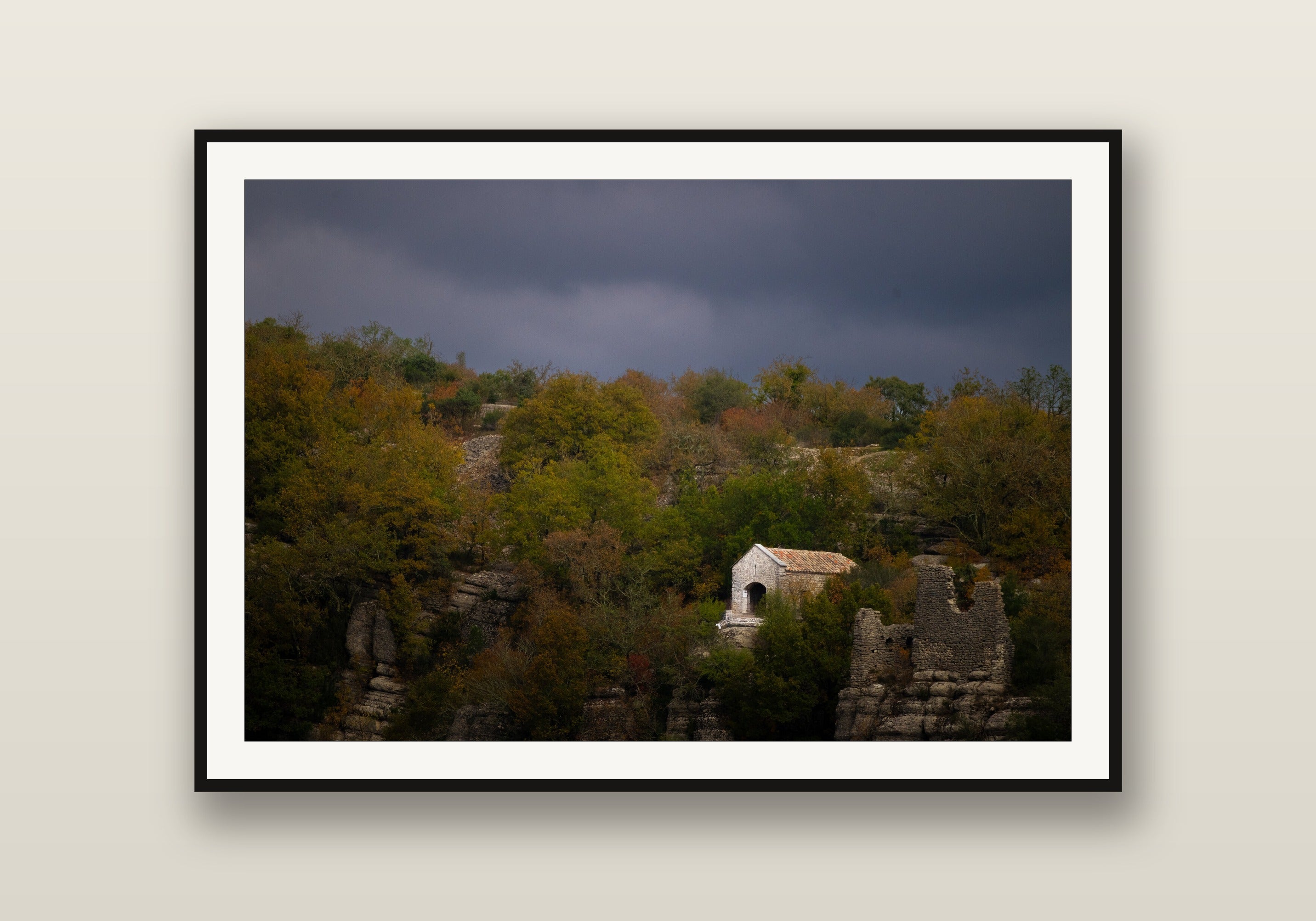 Hidden Chapel fine art print mockup on a wall