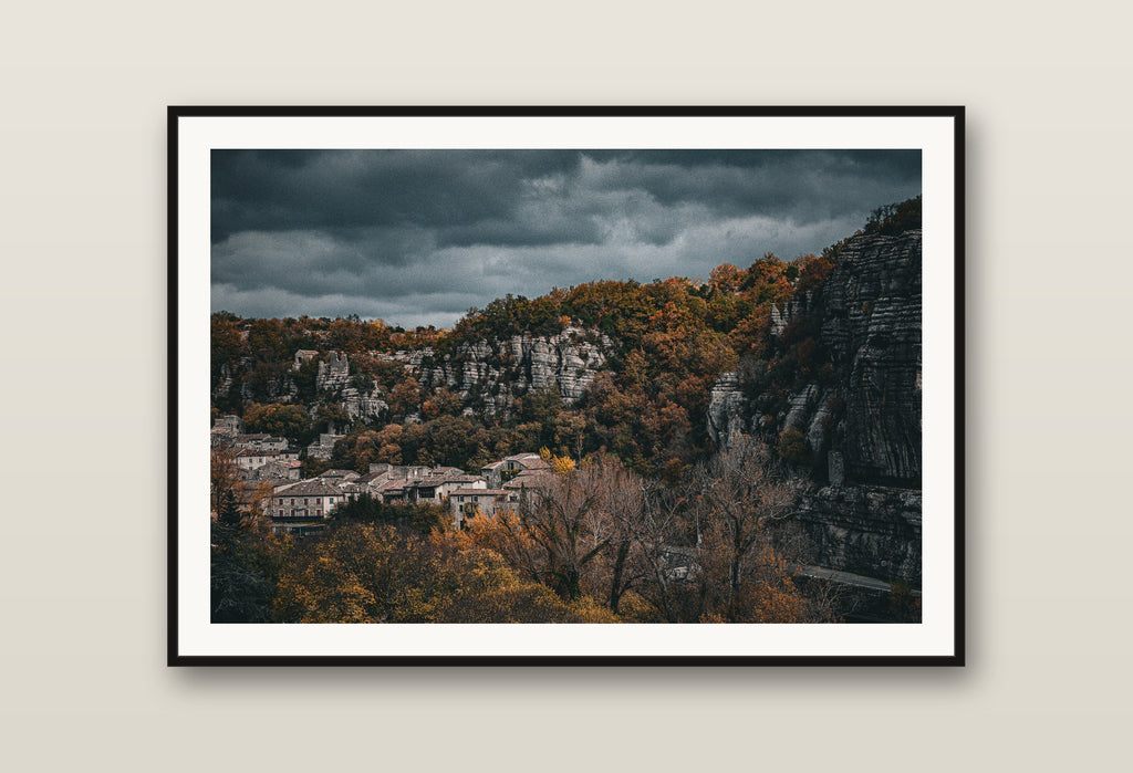 Hillside Village fine art print mockup on a wall
