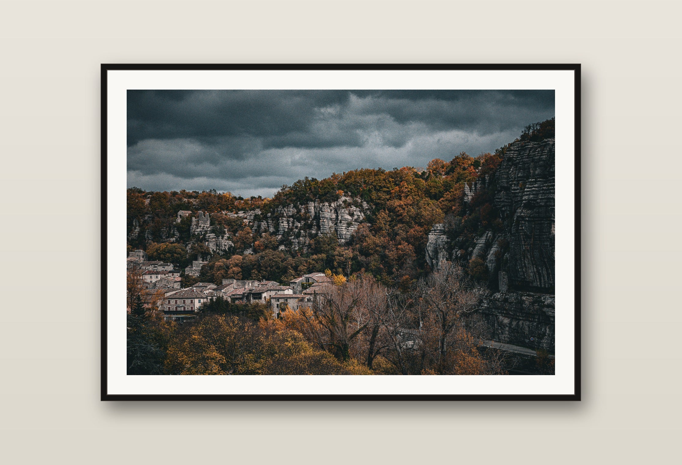 Hillside Village fine art print mockup on a wall