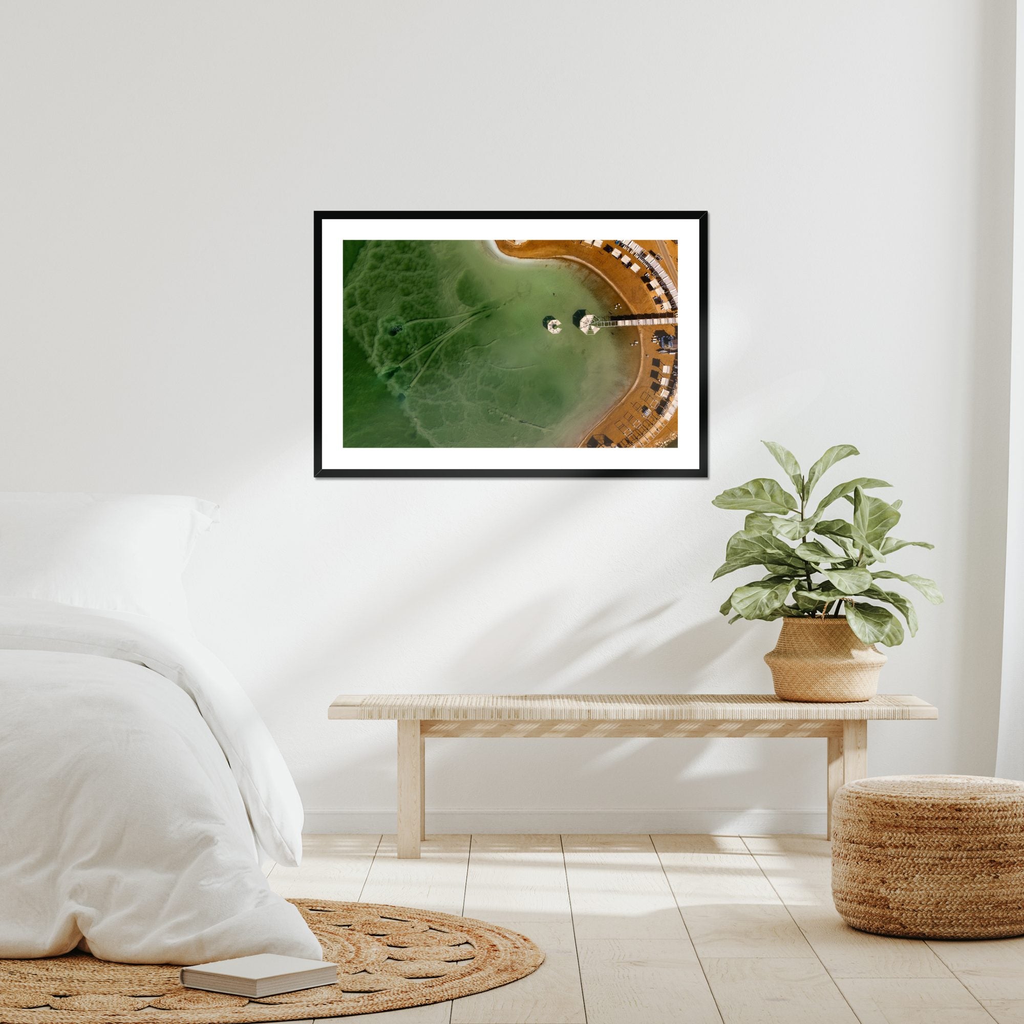 Lagoon Cabanas fine art print displayed in a living room