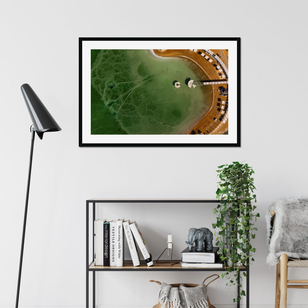Lagoon Cabanas fine art print displayed in a living room