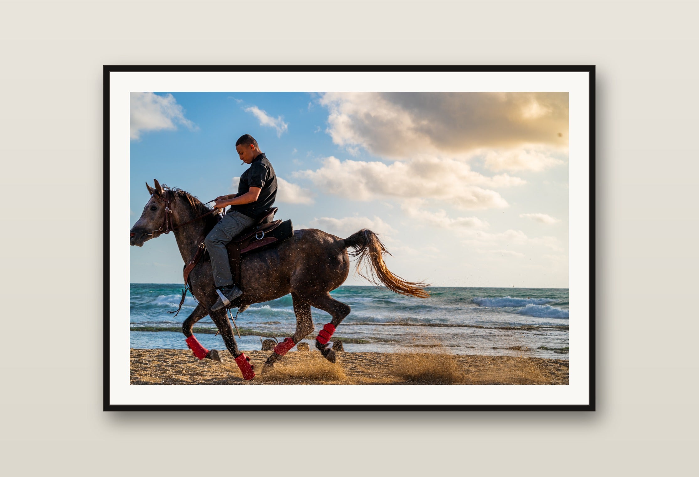 Rider at Low Tide fine art print mockup on a wall