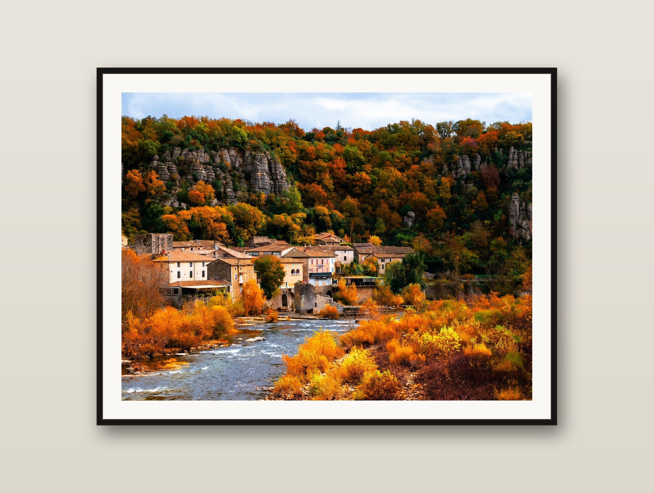 River Village fine art print mockup on a wall