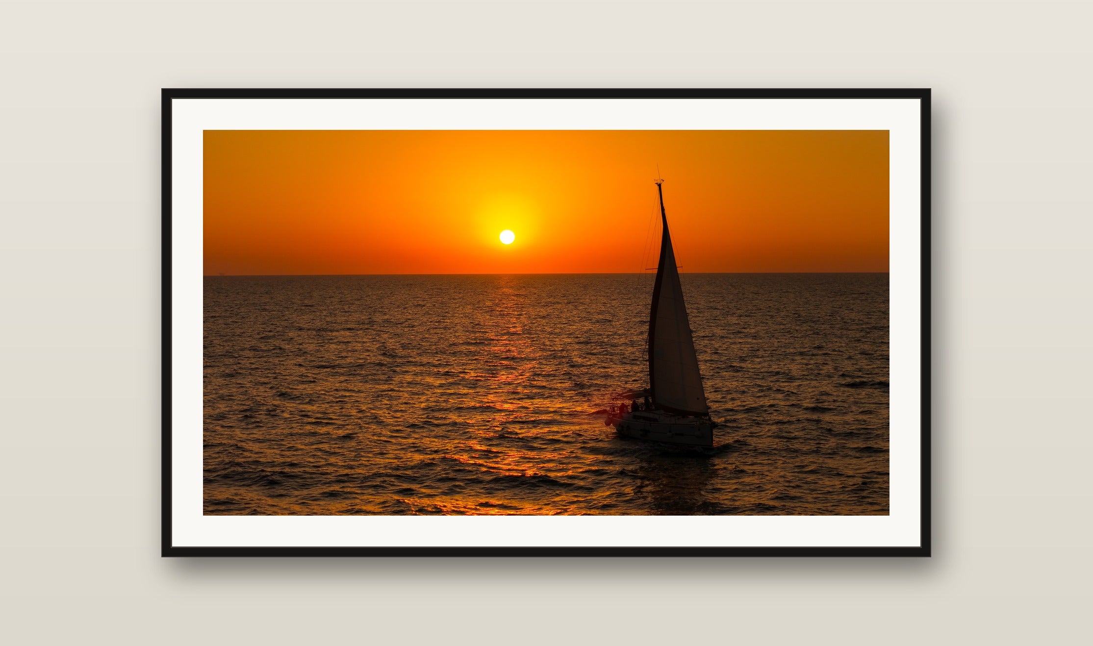 Sail at Sunset fine art print mockup on a wall