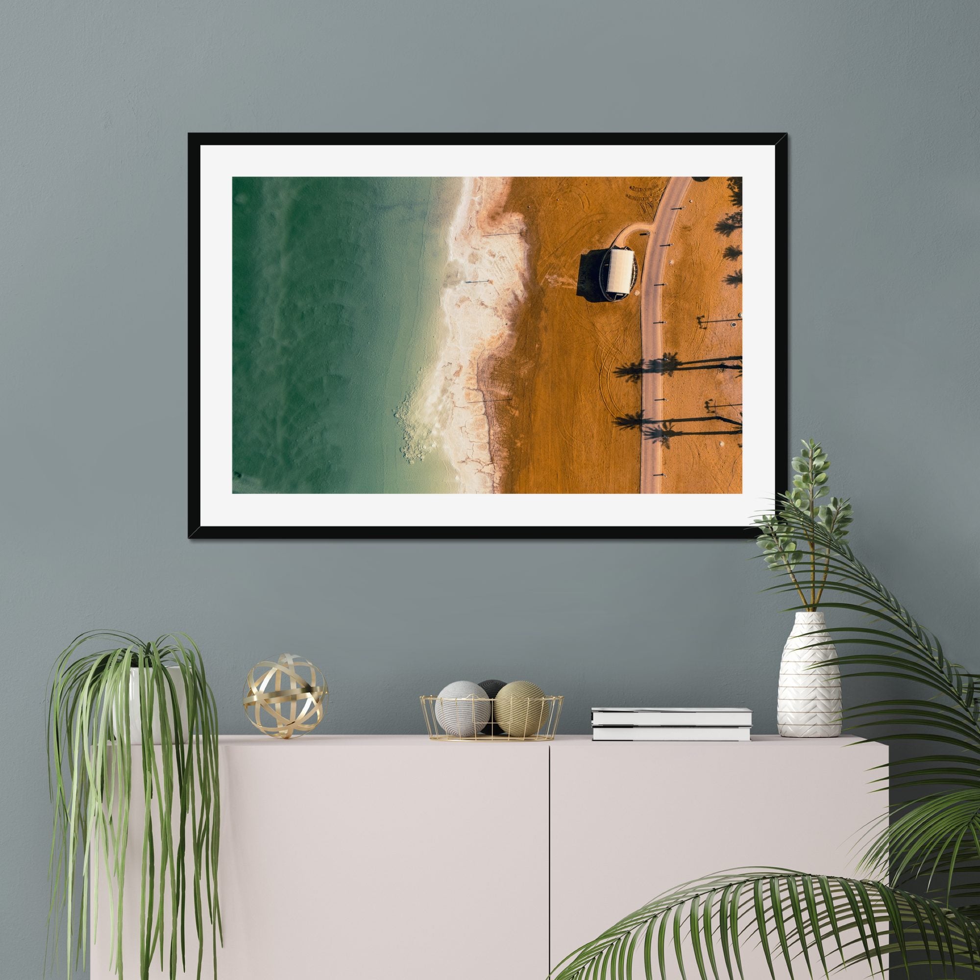 Shoreline Pavilion fine art print displayed in a living room