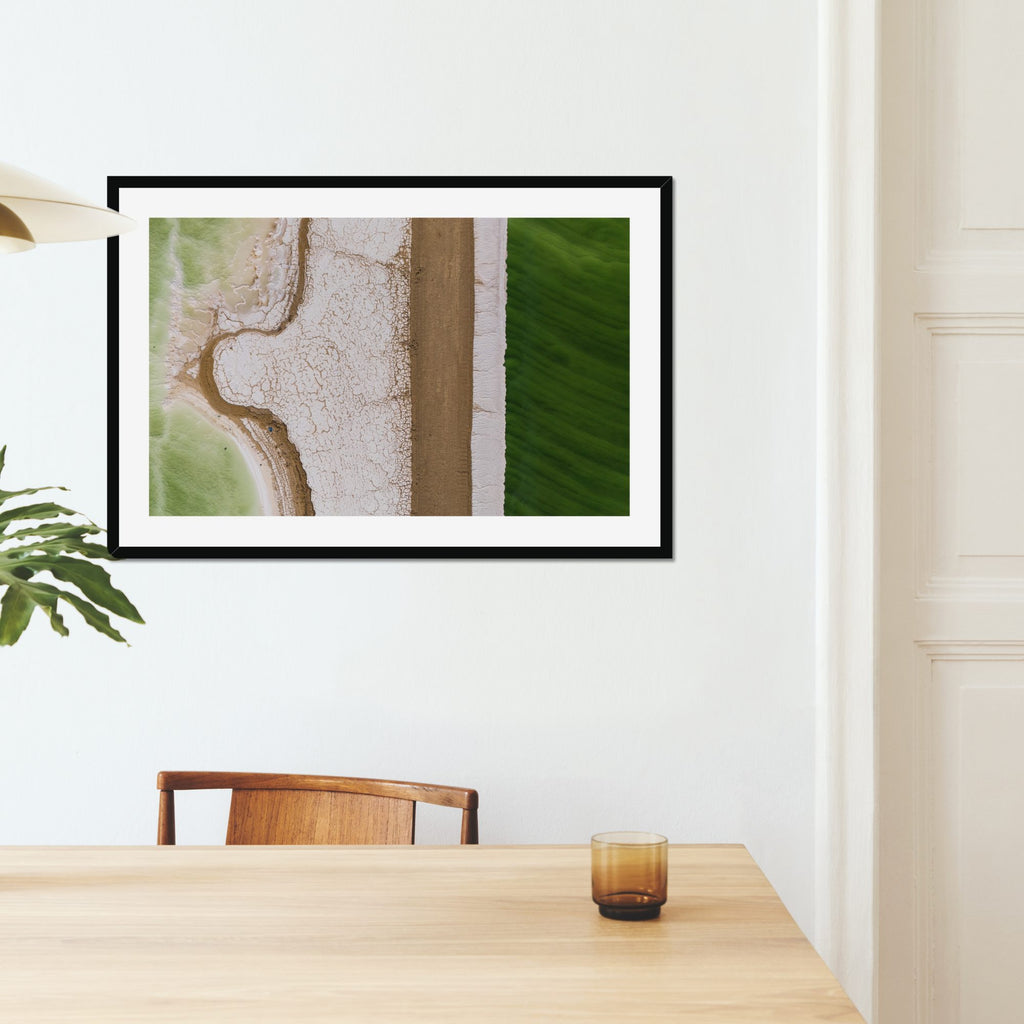 Split Shore fine art print displayed in a living room
