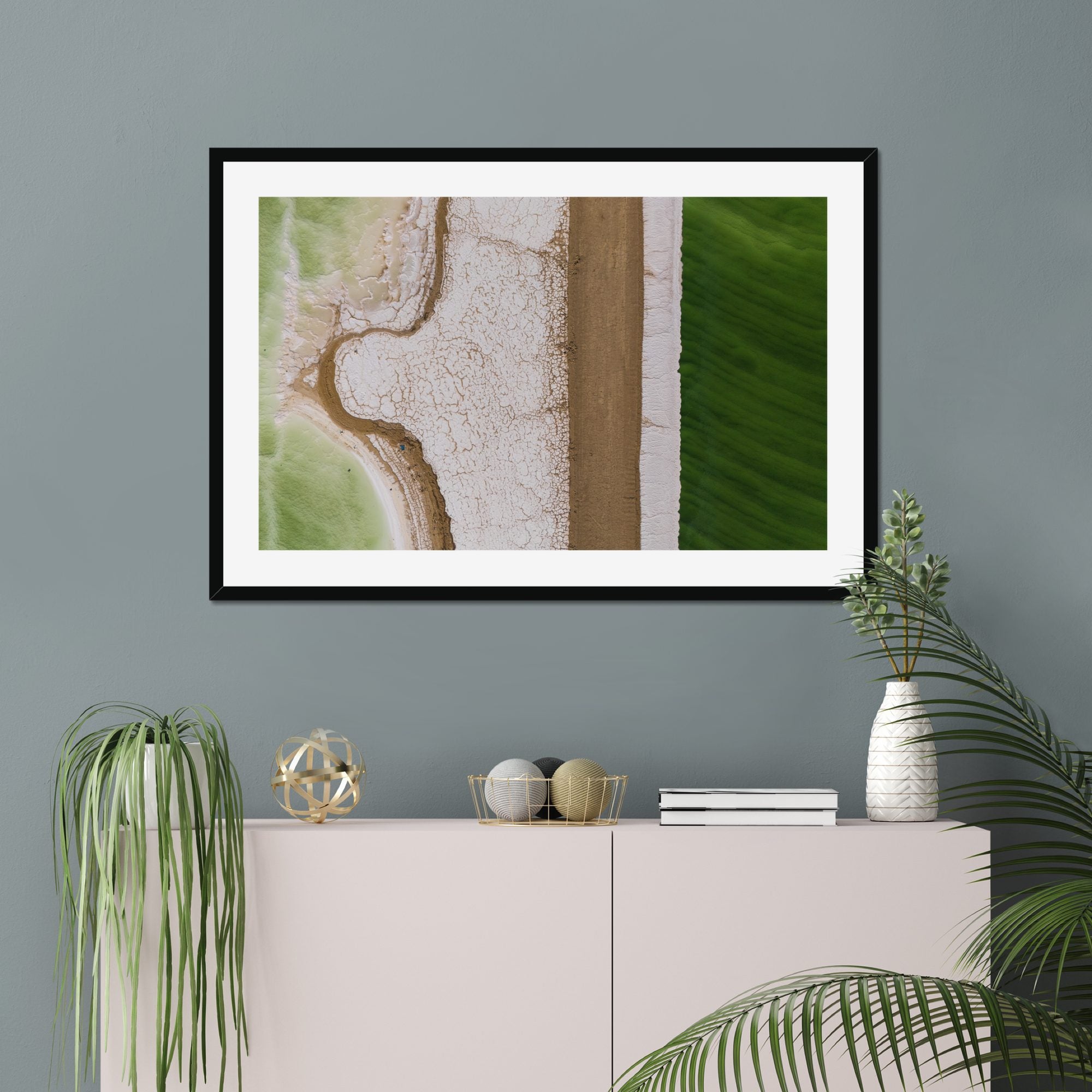 Split Shore fine art print displayed in a living room