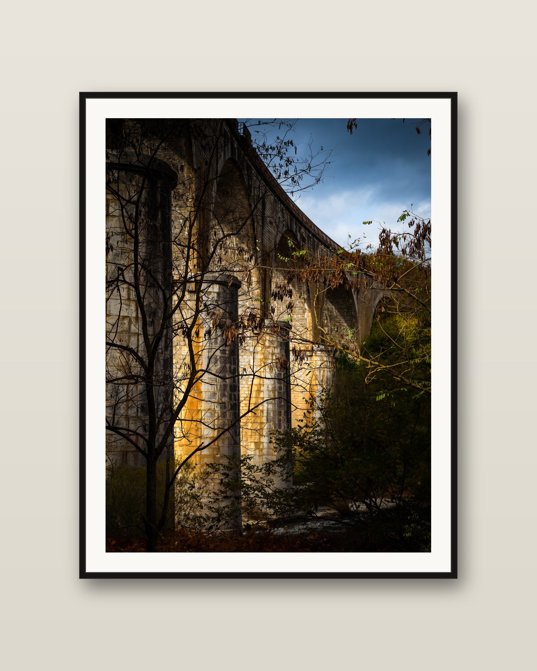 Sun Under the Bridge fine art print mockup on a wall