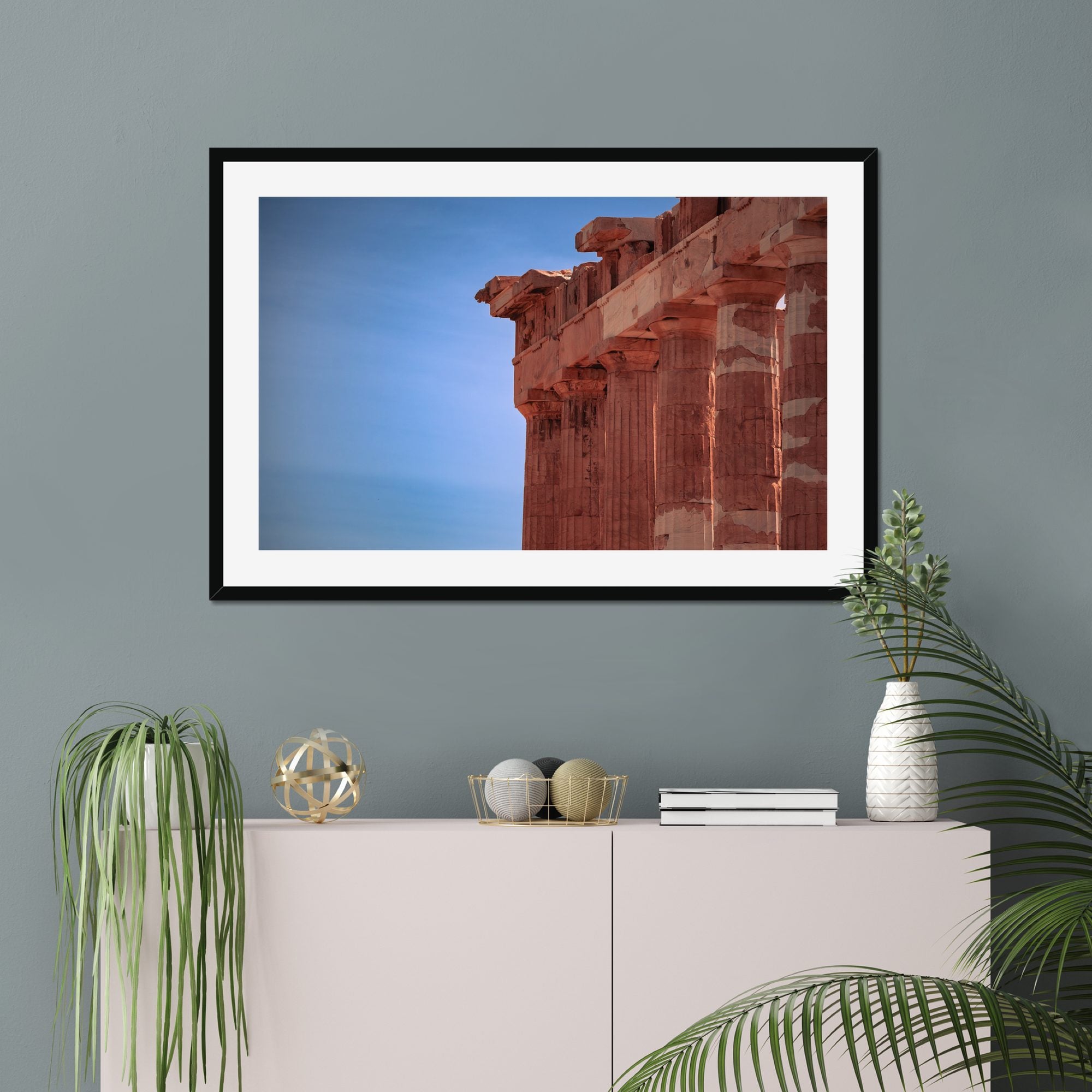 Temple Corner fine art print displayed in a living room