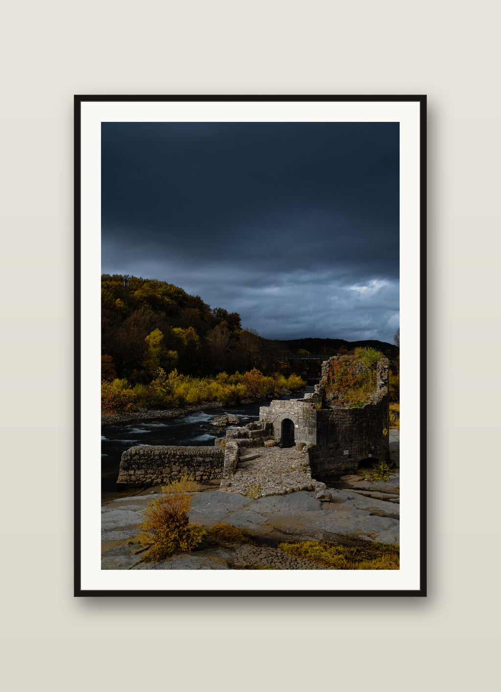 River Ruins fine art print mockup on a wall